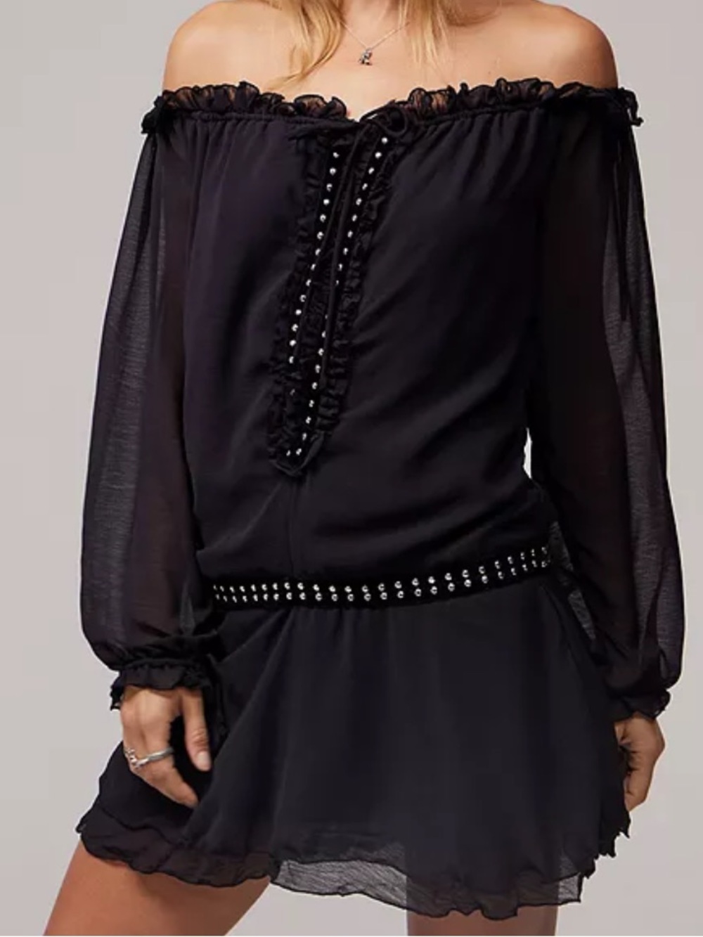 silence + noise Black Off-Shoulder Mini Dress with Studded Waist